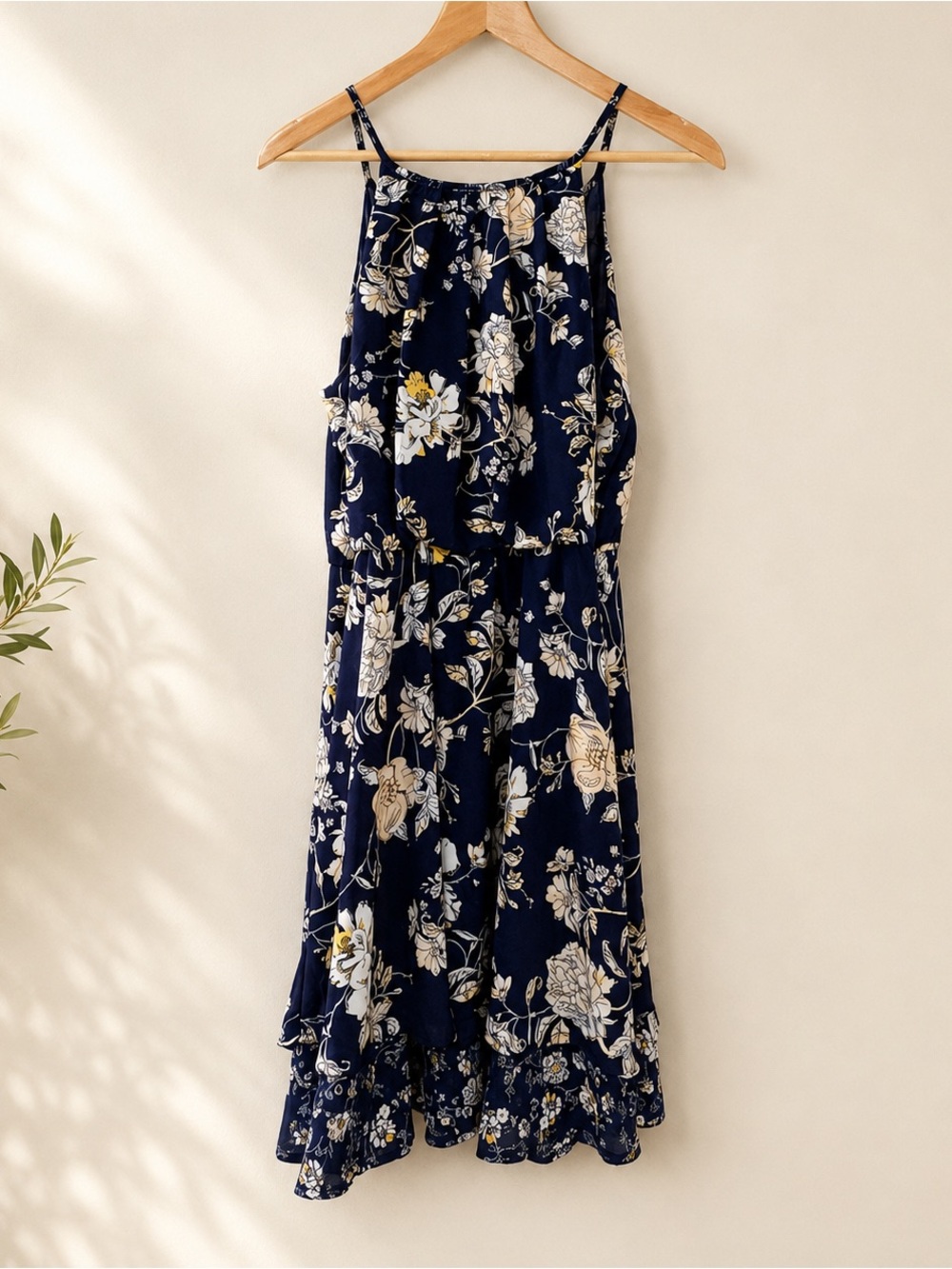 Blue Rain Floral Midi Dress Size Medium Navy Blue Sleeveless Halter Back NWOT